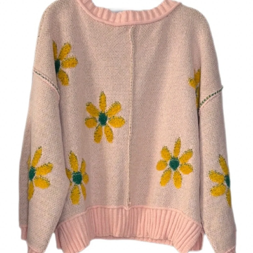 POL Floral Chenille Sweater Pink Mojito Daisy Print V-Neck NWT Size M - Picture 4 of 5